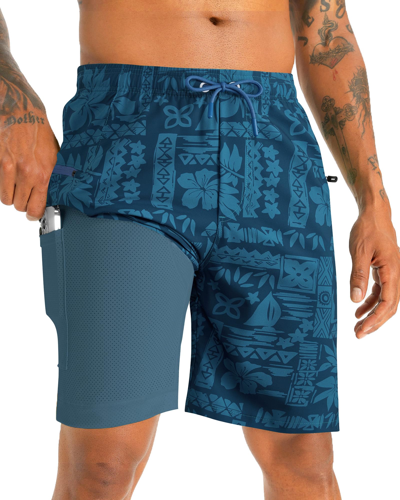 APTRO 2 in 1 Men's Swim Trunks 9" with Zipper Pockets Bathing Suit Built-in Board Shorts Swimwear Long Shorts