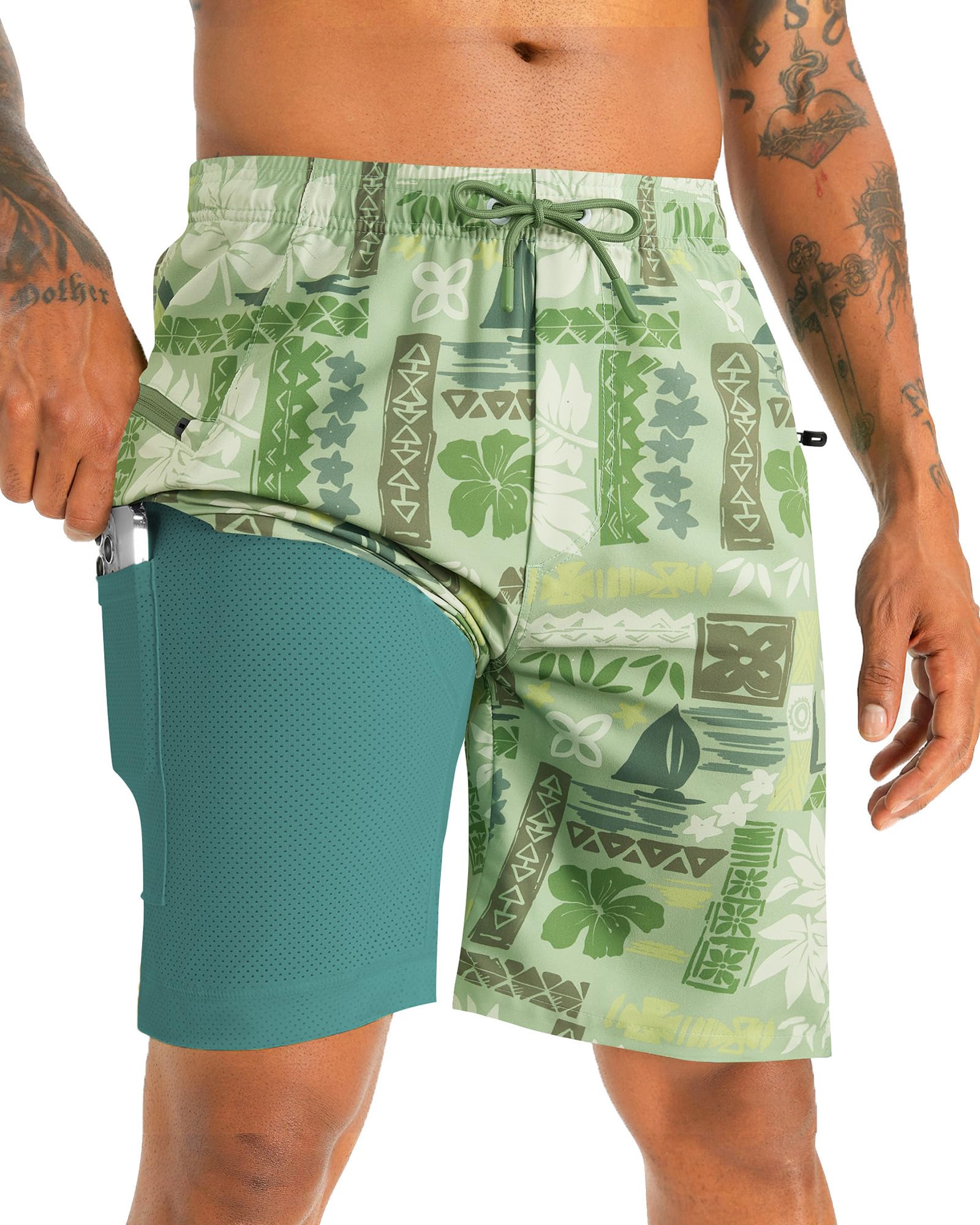 APTRO 2 in 1 Men's Swim Trunks 9" with Zipper Pockets Bathing Suit Built-in Board Shorts Swimwear Long Shorts