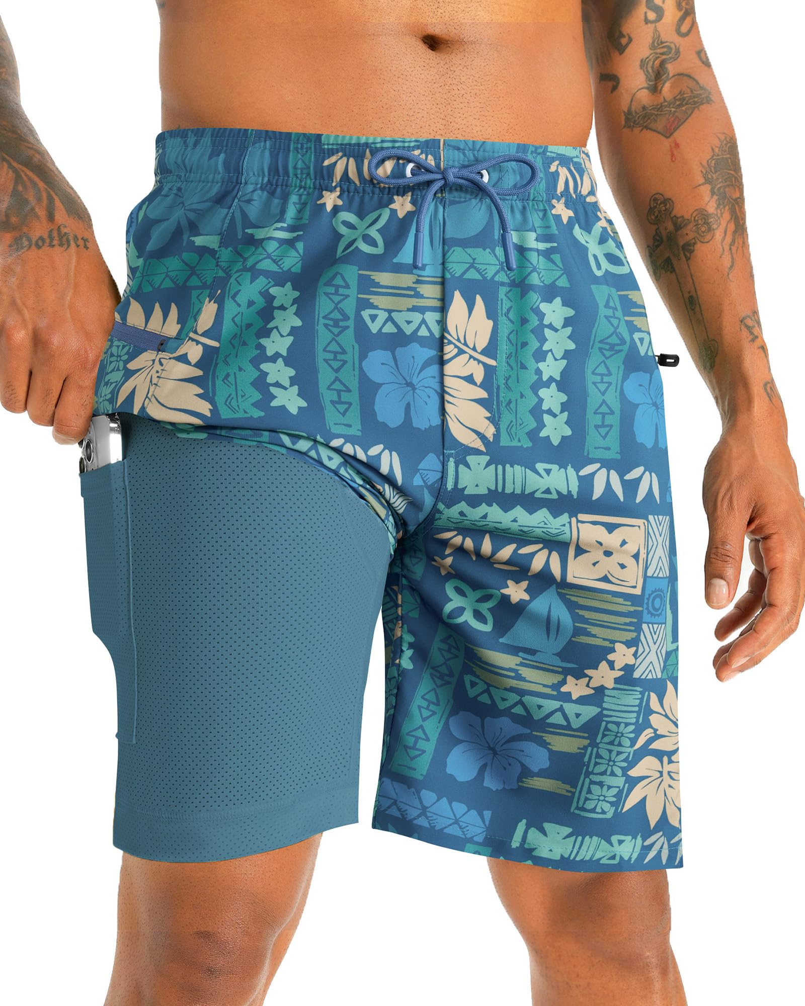 APTRO 2 in 1 Men's Swim Trunks 9" with Zipper Pockets Bathing Suit Built-in Board Shorts Swimwear Long Shorts