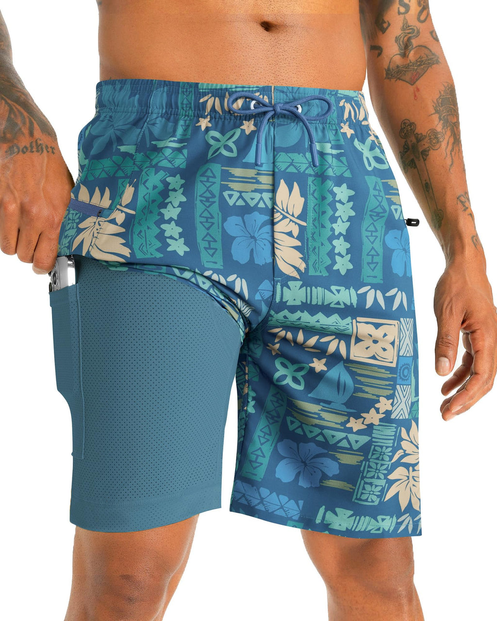 APTRO 2 in 1 Men's Swim Trunks 9" with Zipper Pockets Bathing Suit Built-in Board Shorts Swimwear Long Shorts