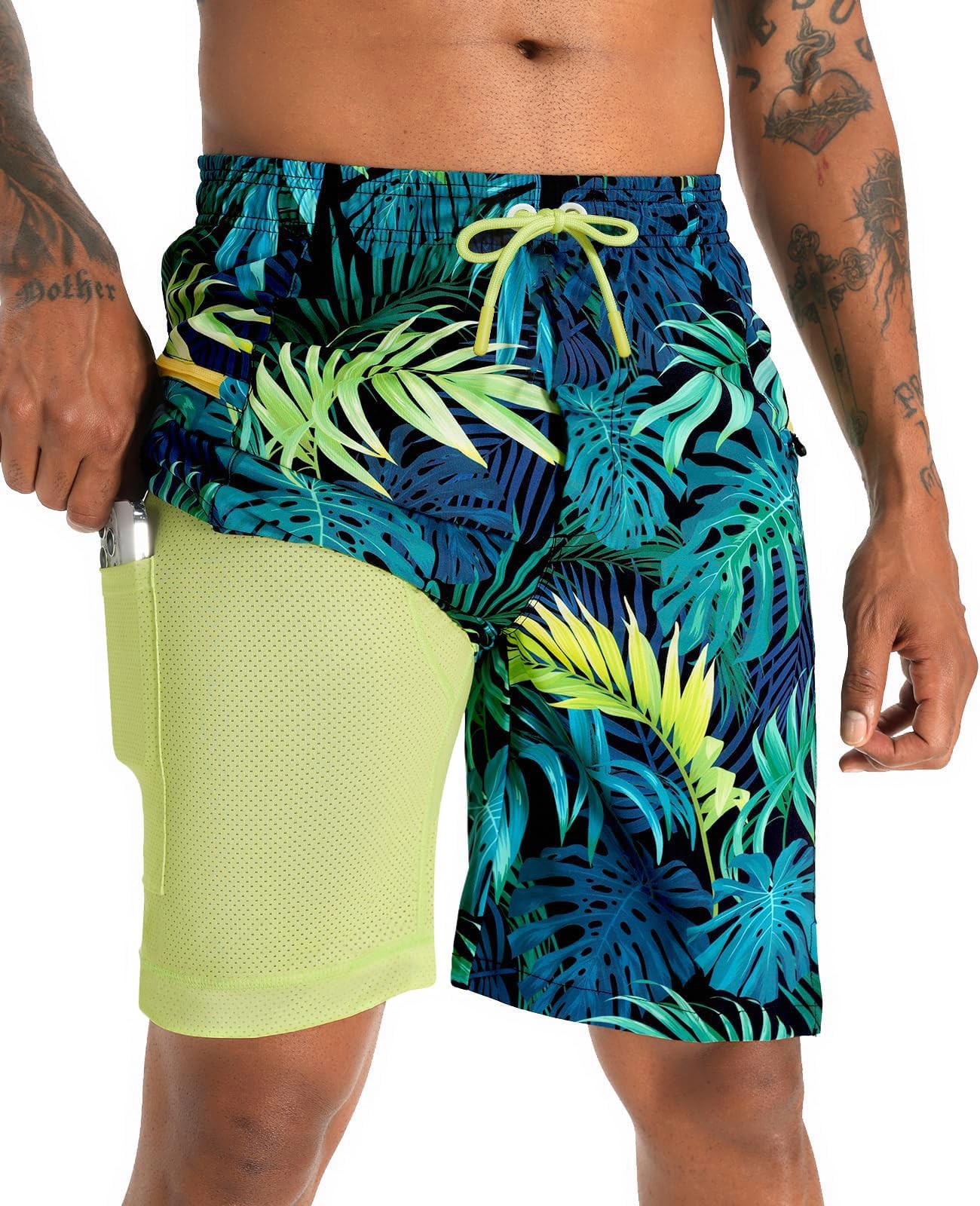 APTRO 2 in 1 Men's Swim Trunks 9" with Zipper Pockets Bathing Suit Built-in Board Shorts Swimwear Long Shorts