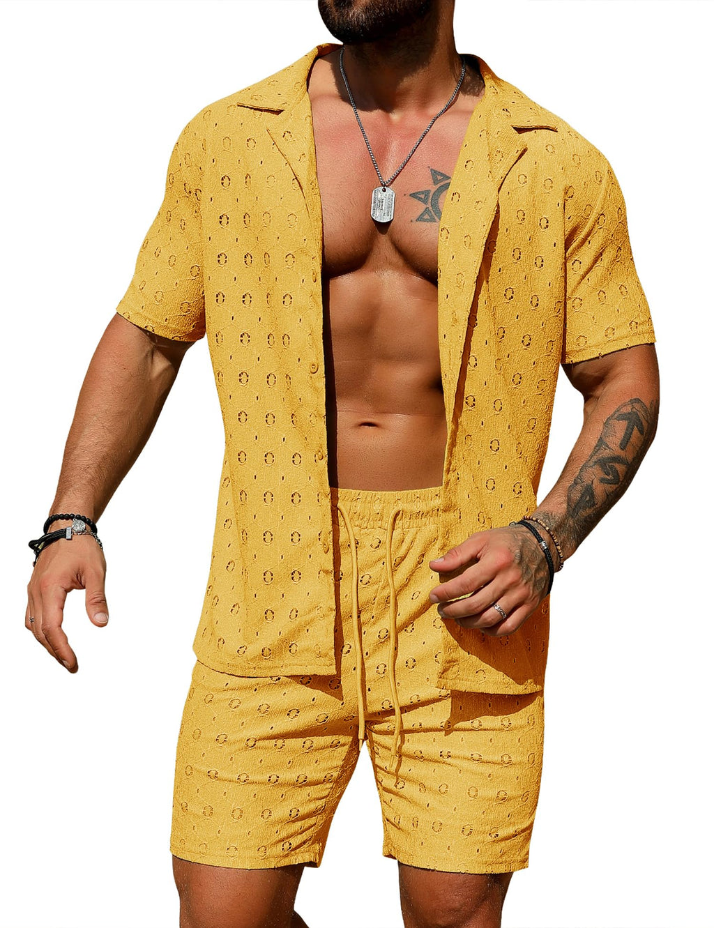URRU Men's 2 Pieces Outfits Summer Beach Set See Through Sheer Short Sleeve Flower Lace Shirts and Shorts Sets