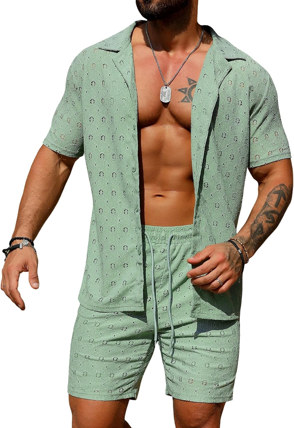 URRU Men's 2 Pieces Outfits Summer Beach Set See Through Sheer Short Sleeve Flower Lace Shirts and Shorts Sets
