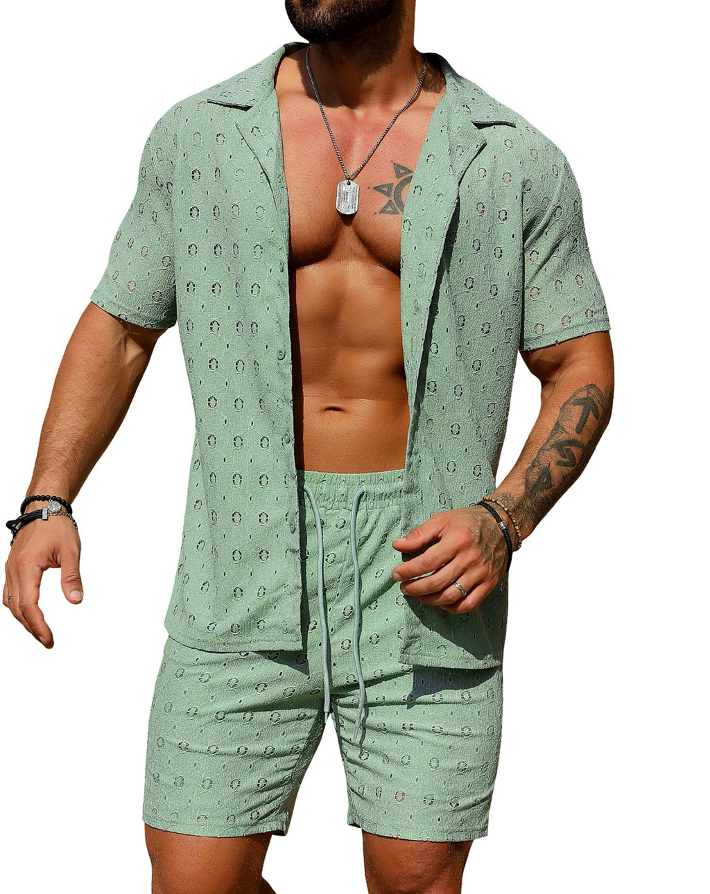 URRU Men's 2 Pieces Outfits Summer Beach Set See Through Sheer Short Sleeve Flower Lace Shirts and Shorts Sets