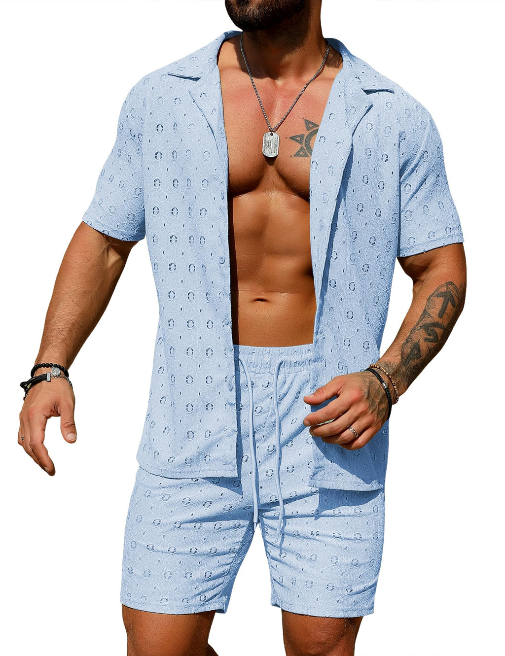 URRU Men's 2 Pieces Outfits Summer Beach Set See Through Sheer Short Sleeve Flower Lace Shirts and Shorts Sets
