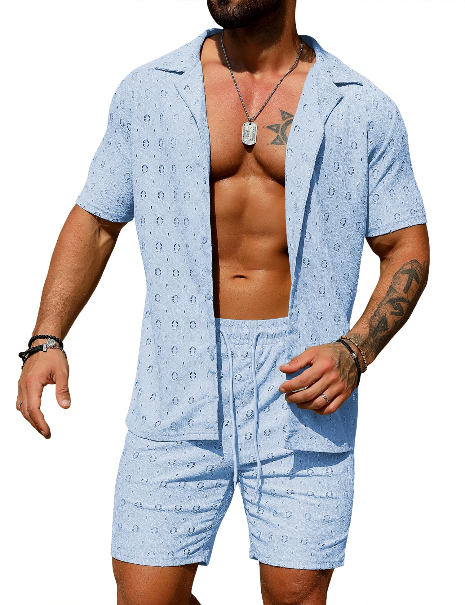 URRU Men's 2 Pieces Outfits Summer Beach Set See Through Sheer Short Sleeve Flower Lace Shirts and Shorts Sets