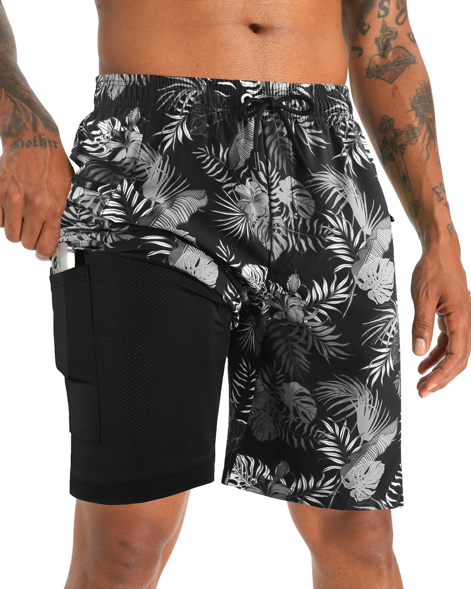 APTRO 2 in 1 Men's Swim Trunks 9" with Zipper Pockets Bathing Suit Built-in Board Shorts Swimwear Long Shorts