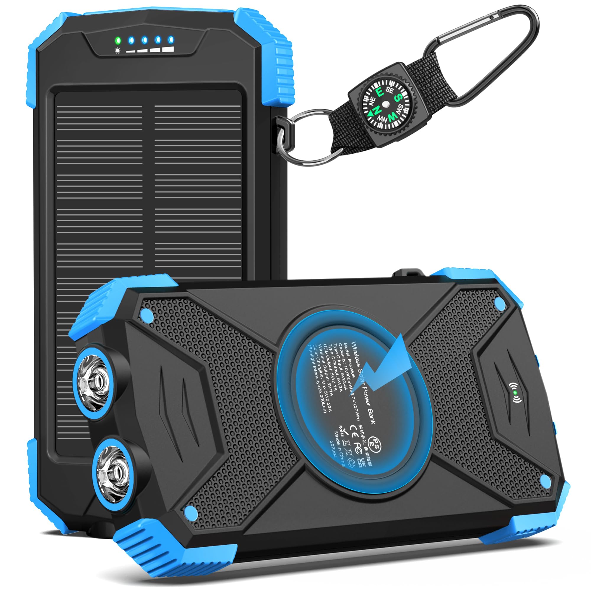 BLAVOR Solar Power Bank 10,000mAh, Portable Wireless Charger, 20W Fast Charging External Battery Pack with USB C for Cell Phones, Solar Panel Charging with Dual Flashlight for Camping