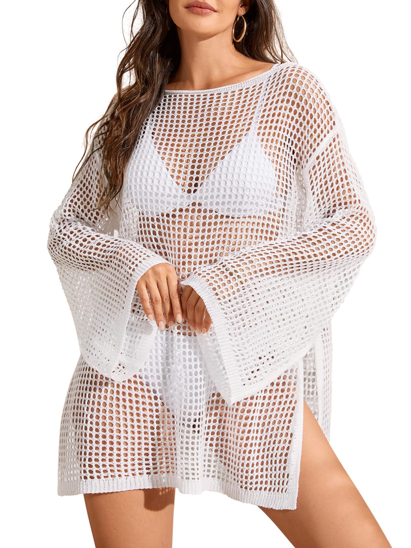Lilosy Sexy Crochet Sheer Kaftan Caftan Beach Dress Bathing Suit Swim Coverup Summer Vacation Outfits One Piece