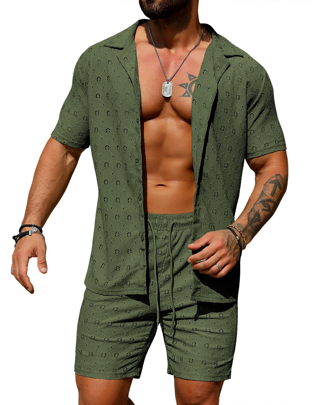 URRU Men's 2 Pieces Outfits Summer Beach Set See Through Sheer Short Sleeve Flower Lace Shirts and Shorts Sets
