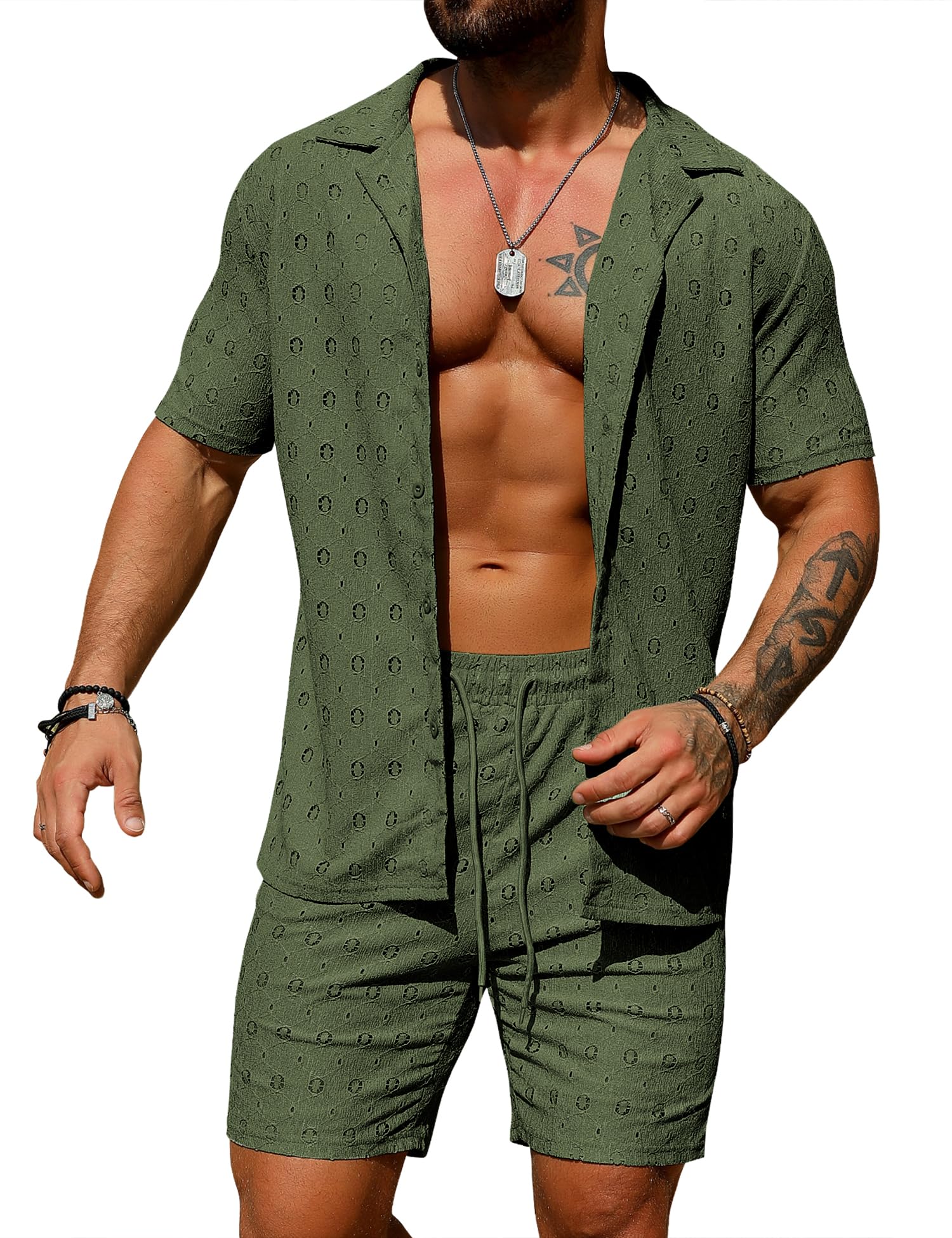 URRU Men's 2 Pieces Outfits Summer Beach Set See Through Sheer Short Sleeve Flower Lace Shirts and Shorts Sets