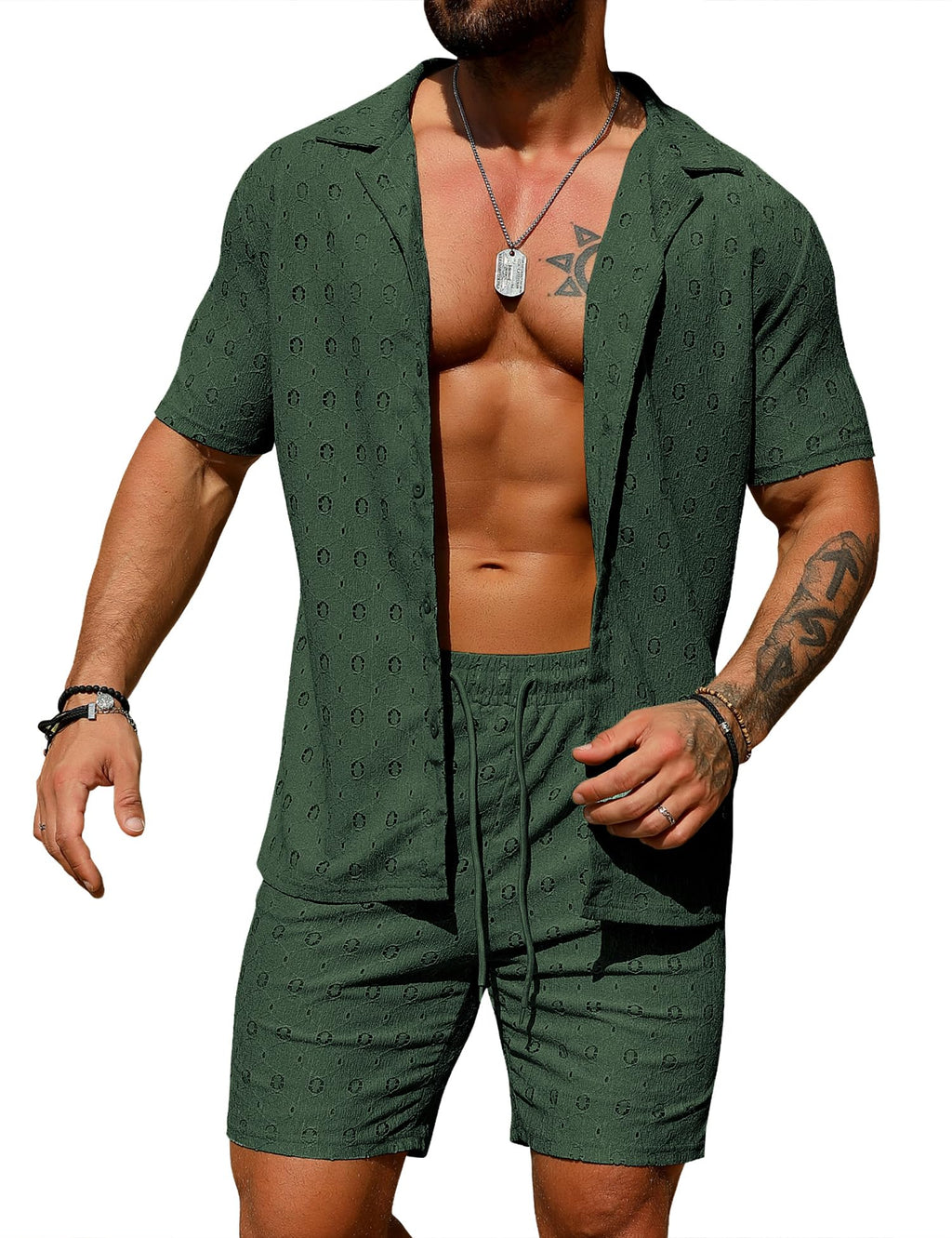 URRU Men's 2 Pieces Outfits Summer Beach Set See Through Sheer Short Sleeve Flower Lace Shirts and Shorts Sets