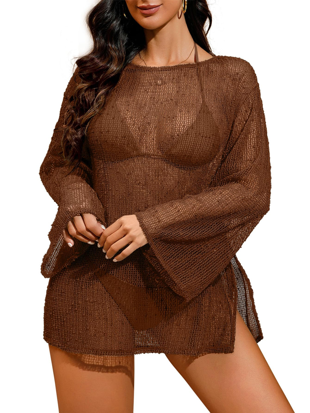Lilosy Sexy Crochet Sheer Kaftan Caftan Beach Dress Bathing Suit Swim Coverup Summer Vacation Outfits One Piece