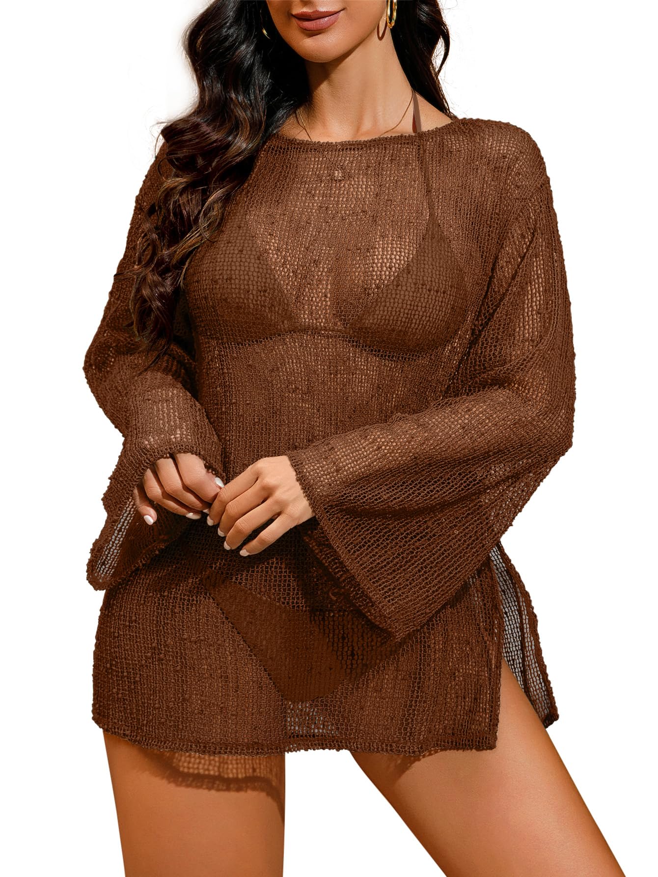 Lilosy Sexy Crochet Sheer Kaftan Caftan Beach Dress Bathing Suit Swim Coverup Summer Vacation Outfits One Piece