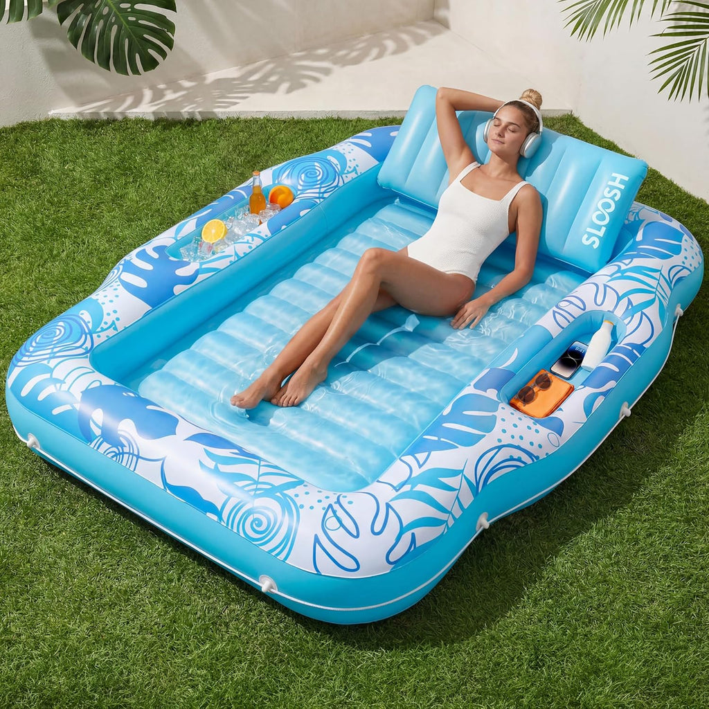 Inflatable Tanning Pool Lounger Float, 70" X 53" Pool Floats Adult with Cooler, 6 in 1 Suntan Tub Raft Floatie,Sunbathing Bed Lounge for Water Blow up Ball Pit Party Gifts