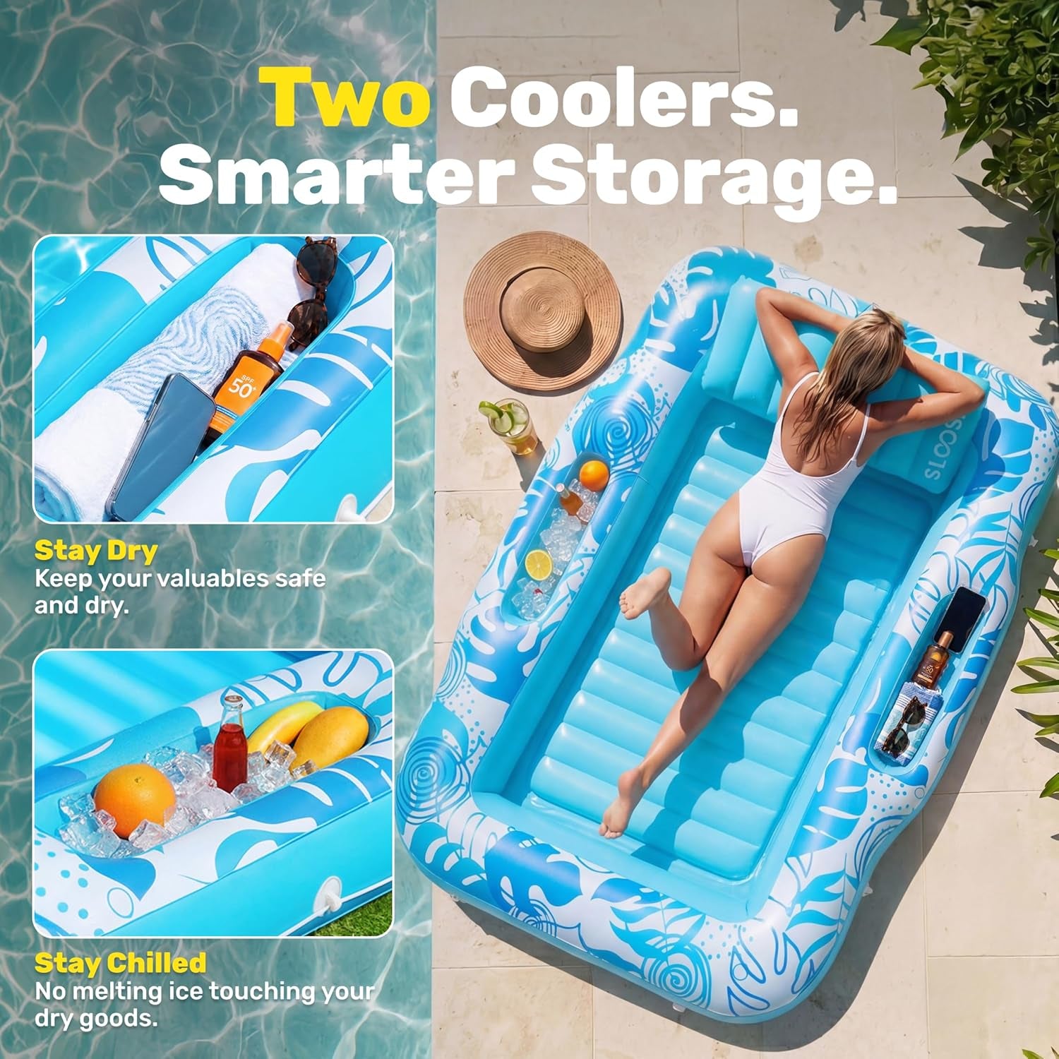 Inflatable Tanning Pool Lounger Float, 70" X 53" Pool Floats Adult with Cooler, 6 in 1 Suntan Tub Raft Floatie,Sunbathing Bed Lounge for Water Blow up Ball Pit Party Gifts