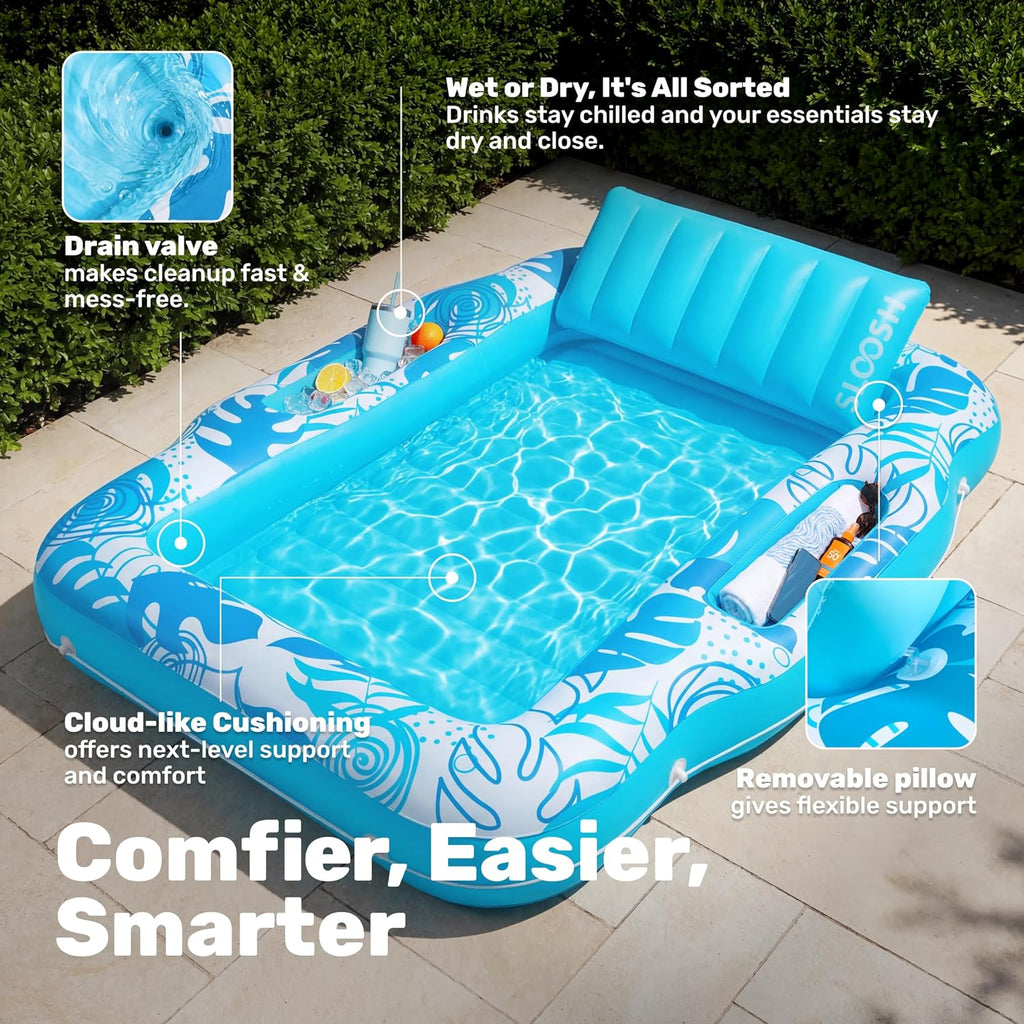 Inflatable Tanning Pool Lounger Float, 70" X 53" Pool Floats Adult with Cooler, 6 in 1 Suntan Tub Raft Floatie,Sunbathing Bed Lounge for Water Blow up Ball Pit Party Gifts